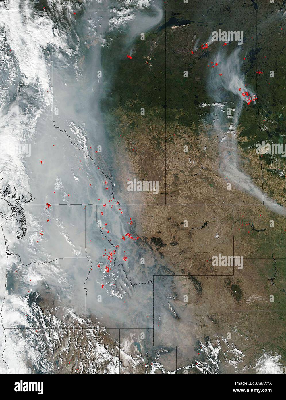 5 settembre 2017 - Stati Uniti - il 5 settembre 2017, il National Interagency Fire Center ha riferito che 81 grandi incendi stavano infuriando in tutti gli Stati Uniti, principalmente nel nord-ovest. Insieme, questi incendi hanno mandato vasti pennacchi di fumo in tutto il paese e hanno bruciato 1,4 milioni di acri, circa un sesto del totale bruciato nel 2017 negli Stati Uniti. (Immagine di credito: © MODIS/NASA via ZUMA Wire/ZUMAPRESS.com) Foto Stock
