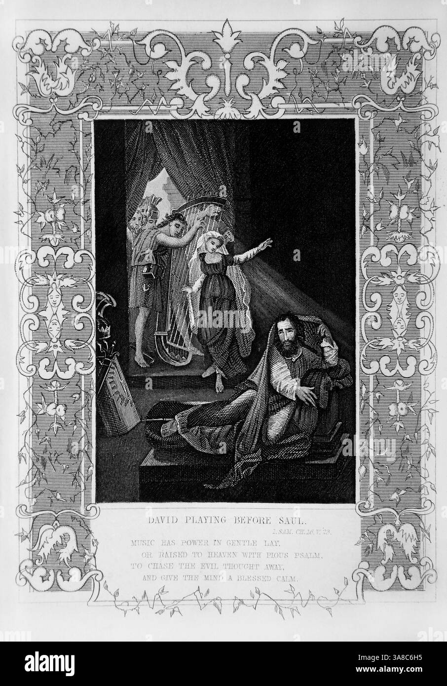 Steel Engraving of David Playing Before Saul - David ha mandato a suonare l'arpa per re Saul per calmarlo quando lo Spirito del male viene su di lui (Samuel) fr Foto Stock Steel Engraving of David Playing Before Saul - David ha mandato a suonare l'arpa per re Saul per calmarlo quando lo Spirito del male viene su di lui (Samuel) fr Foto Stock