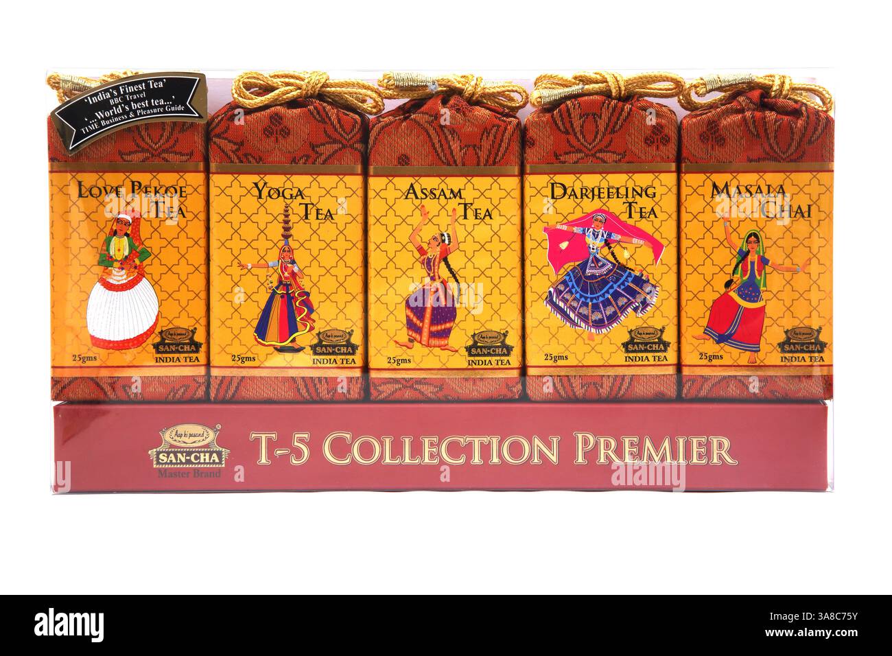 Collezione dei migliori tè dell'India di San-Cha Love Pekoe, Yoga, Assam, Darjeeling e Masala Chai Foto Stock