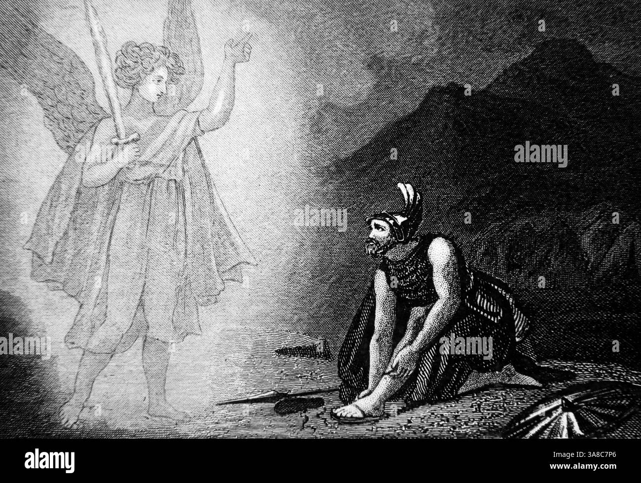 Steel Engraving of the Angel apparendo a Joshua (Joshua) da Alexander Fletcher circa 1860 Foto Stock