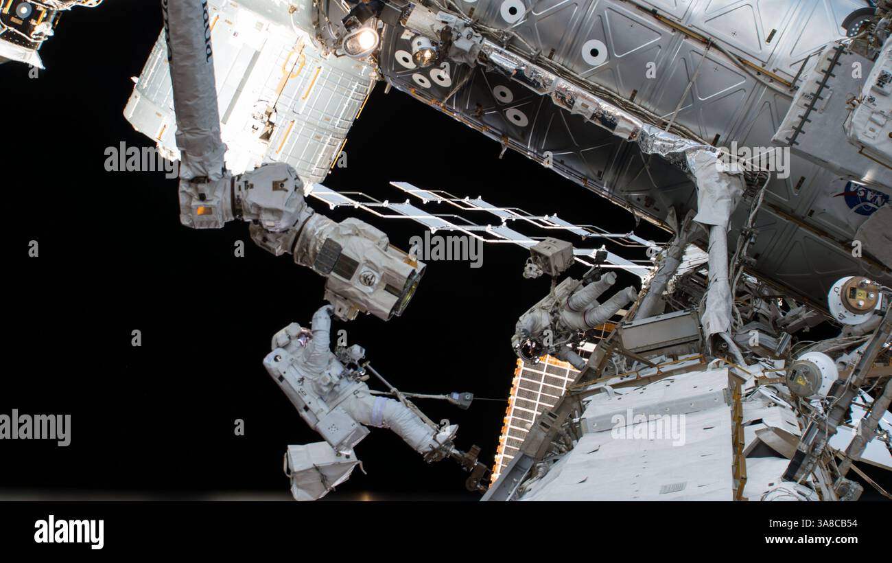 25 ottobre 2017 - Space - Image Released Today: Gli astronauti della NASA JOE ACABA (a sinistra) e RANDY BRESNIK (a destra) al lavoro fuori della stazione spaziale Internazionale il 20 ottobre 2017, nel terzo di una serie di tre passeggiate spaziali pianificate. I due astronauti hanno completato con successo la passeggiata spaziale di 6 ore e 49 minuti alle 14:36. EDT. Hanno installato un nuovo sistema di telecamere sul dispositivo di chiusura del braccio robotico Canadarm2, una telecamera HD sul capriolo di tribordo della stazione e sostituito un fusibile sull'estensione del braccio robotico Dextre. Questa è stata la quinta passeggiata spaziale della carriera di Bresnik (32 ore totali di passeggiata spaziale) e. Foto Stock