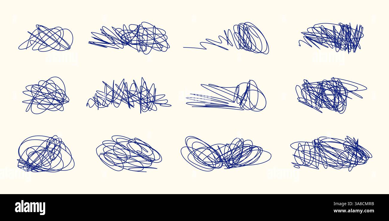 Linee caotiche espressive e loop astratti in stile inchiostro blu. Collezione Scribble Shapes disegnata a mano su sfondo beige morbido. Perfetto per l'arte moderna Illustrazione Vettoriale