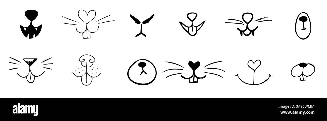 PET Mouth fumetto carino disegnare scarabocchi. Imposta labbra, naso e baffi personaggi degli animali. Divertente naso cardiaco, facce disegnate a mano. Illustrazione vettoriale Illustrazione Vettoriale