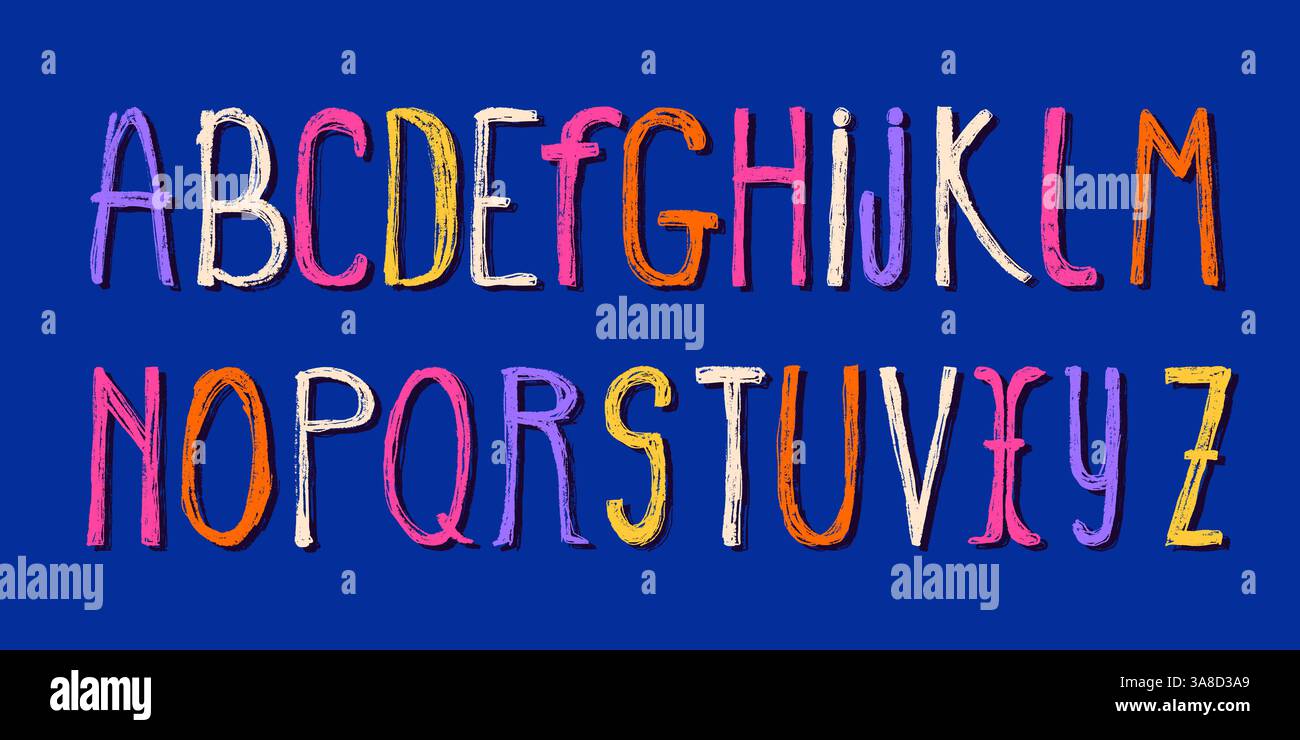 Disegnato a mano con lettere tipografiche a matita con texture Grunge. Set di caratteri maiuscoli per l'educazione dei caratteri tipografici, perfetti per carte, inviti e loghi Illustrazione Vettoriale