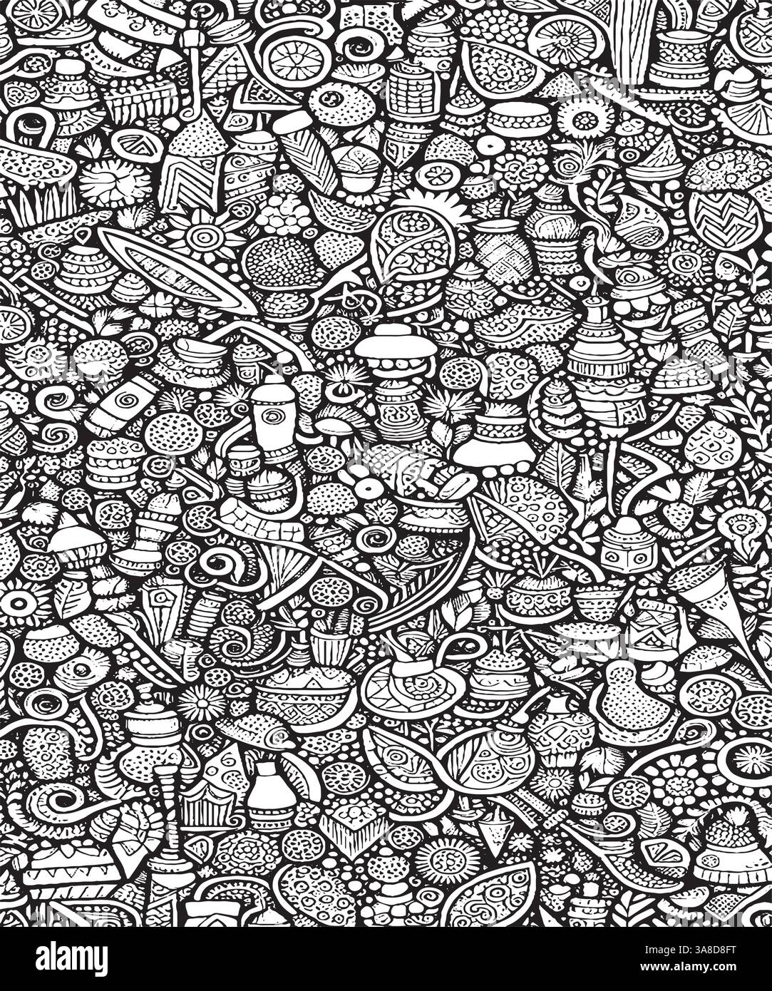 Cartoni animati scarabocchi disegnati a mano Coffee Shop motivo senza cuciture. Disegni al tratto dettagliati, con un sacco di oggetti sullo sfondo. Infinita divertente illustrazione vettoriale. Illustrazione Vettoriale