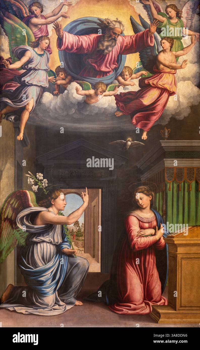 BOLOGNA, ITALIA - 22 MARZO 2025: Il dipinto dell'Annunciazione nella chiesa Basilica di Santa Maria dei Servi di Innocenzo da Imola (1515 - 1520) Foto Stock