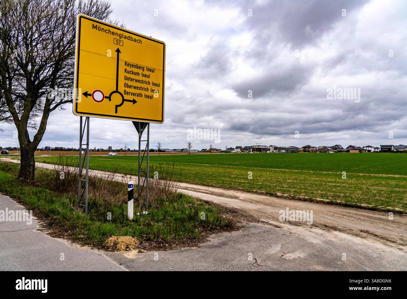 Indicazione per i siti di reinsediamento dei cinque villaggi della zona mineraria di lignite Garzweiler II, Keyenberg, Kuckum, Oberwestrich, Unterwestrich, essere Foto Stock