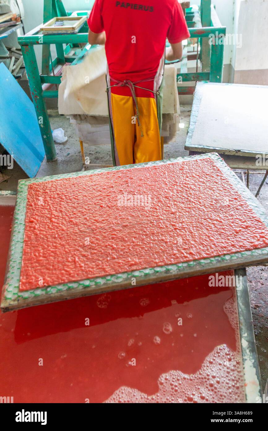 Un uomo filippino produce carta fatta a mano all'interno di un negozio di artigianato a Kalibo, nelle Filippine, lavorando con cura con la polpa e gli utensili tradizionali Foto Stock