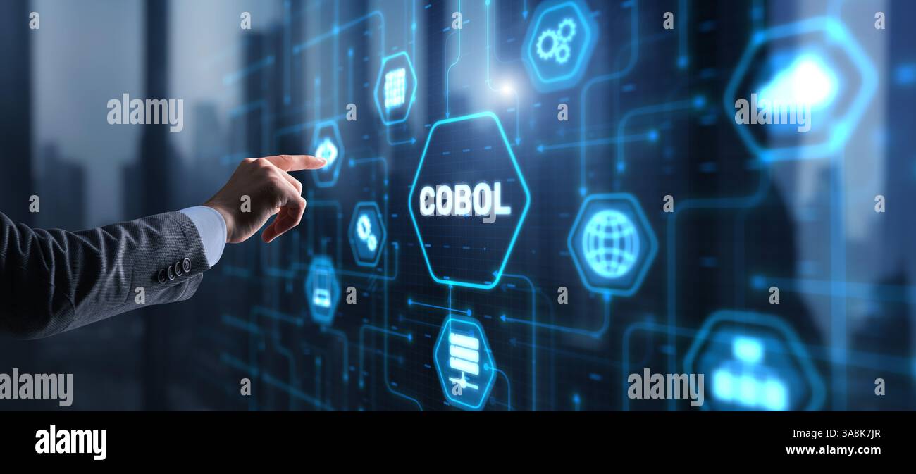 COBOL. Linguaggio orientato alle aziende comune. Linguaggio di programmazione per computer progettato per l'uso aziendale. Foto Stock