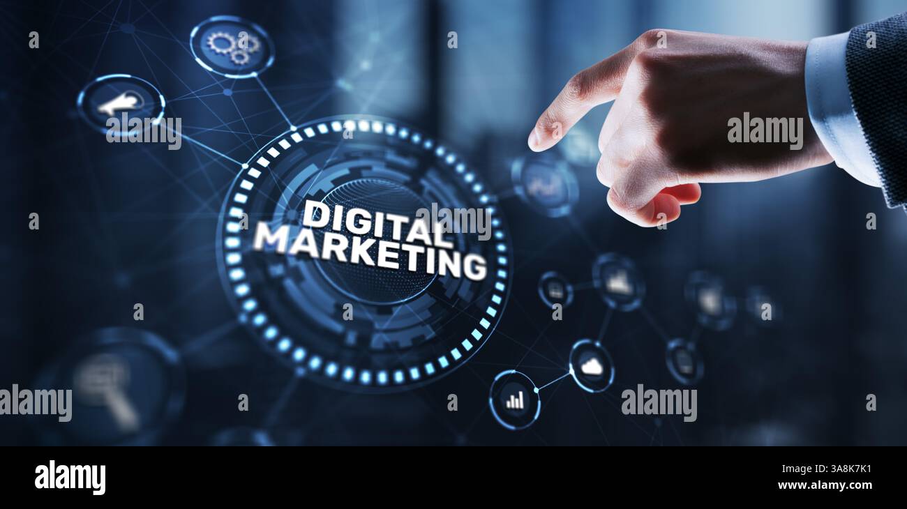 Marketing digitale online. Analisi della crescita dei dati di vendita sulle icone delle interfacce moderne. Foto Stock