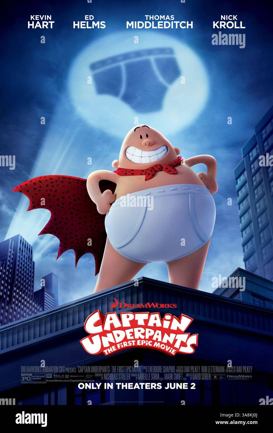 DATA DI USCITA: 2 giugno 2017 TITOLO: Captain Underpants: The First Epic Movie STUDIO: DreamWorks Animation DIRECTOR: David Soren TRAMA: Due pranksters troppo fantasiosi di nome George e Harold ipnotizzano il loro preside pensando che sia un supereroe incredibilmente entusiasta e incredibilmente sgradevole di nome Captain Underpants CON: Ed Helms nel ruolo di Captain Underpants / Mr. Krupp (voce) poster art. (Credit Image: © DreamWorks Animation/Entertainment Pictures/ZUMAPRESS.com) Foto Stock