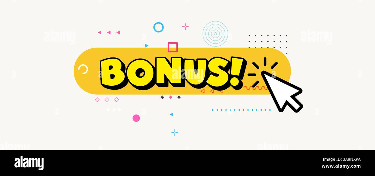 Divertente pulsante bonus fumetti con elementi clic del cursore in stile Memphis. Design accattivante ed energico. Ideale per banner, giochi, app CTA. Vettore piatto Illustrazione Vettoriale