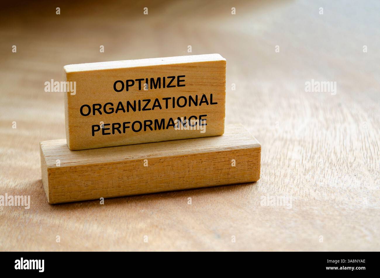 Ottimizza il testo delle prestazioni organizzative su blocchi di legno con spazio personalizzabile per il testo. Foto Stock