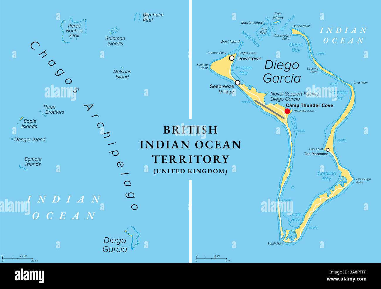 Territorio britannico dell'Oceano Indiano, BIOT, mappa politica. Atolli dell'arcipelago Chagos nell'Oceano Indiano con la più grande isola Diego Garcia. Foto Stock