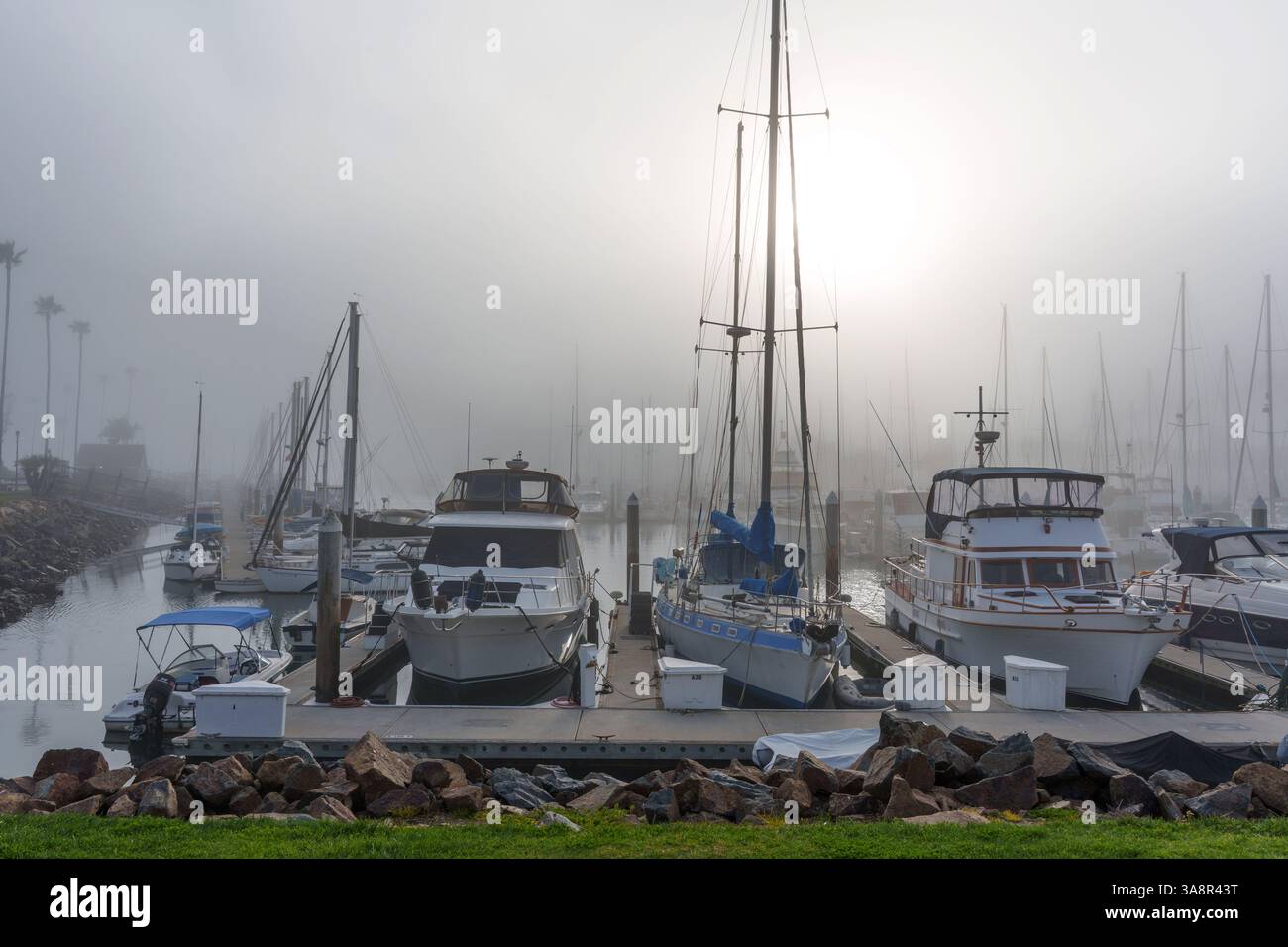 Oceanside, California - 3 gennaio 2025: Sereno porticciolo di Oceanside, California, catturato durante il tramonto con barche avvolte dalla nebbia, creando un tranqui Foto Stock