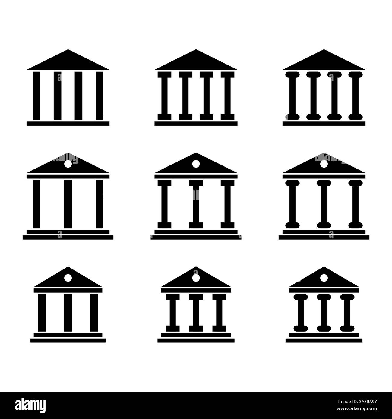Set di icona dell'architettura universitaria, simbolo romano del museo, illustrazione vettoriale a disegno piatto . Illustrazione Vettoriale