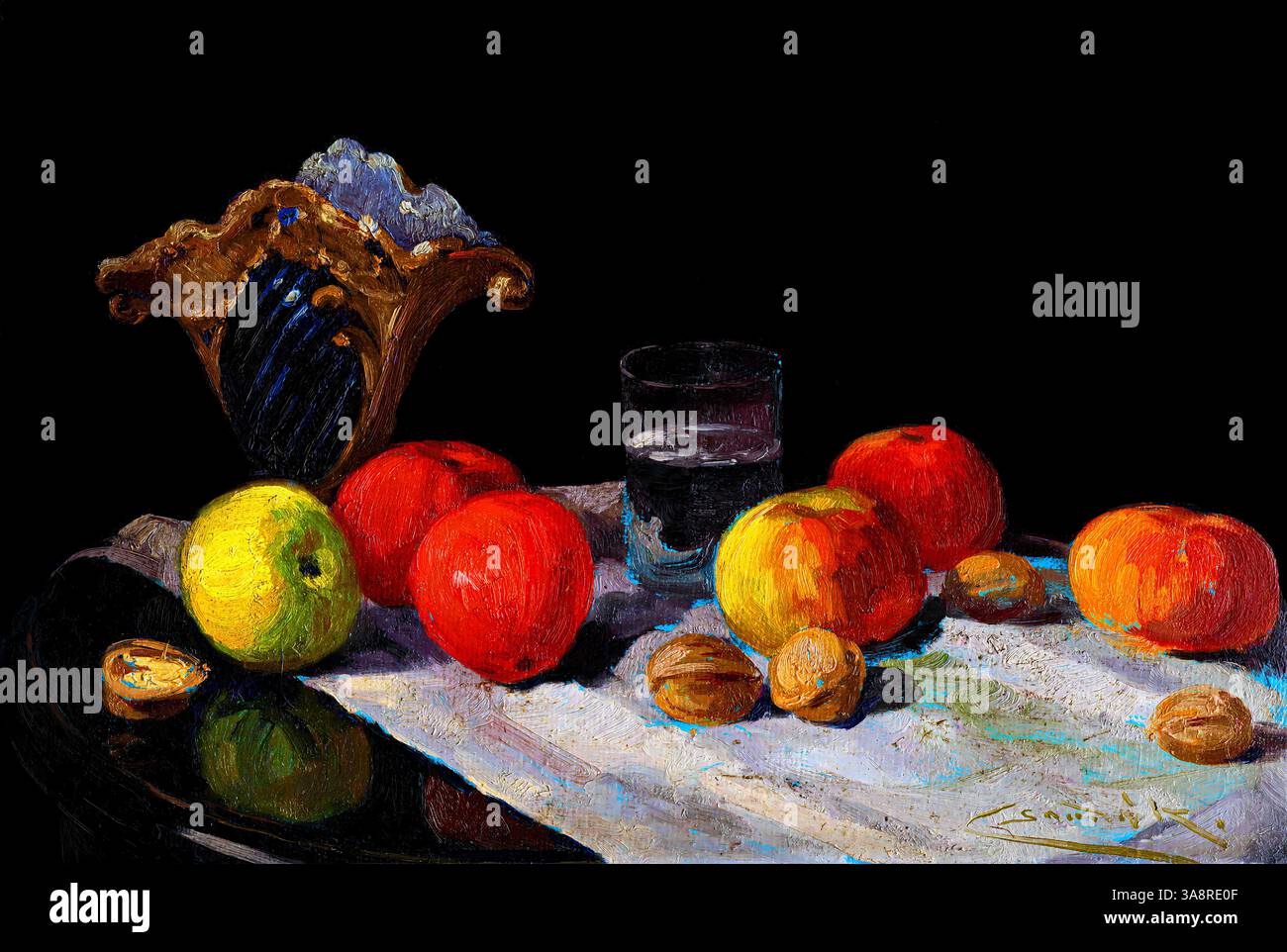 Natura morta con mele (c.1908) di Ľudovít Čordák | realismo popolare ungherese | scena da cucina | olio a bordo | Stampa artistica di dominio pubblico | testurizzata Foto Stock