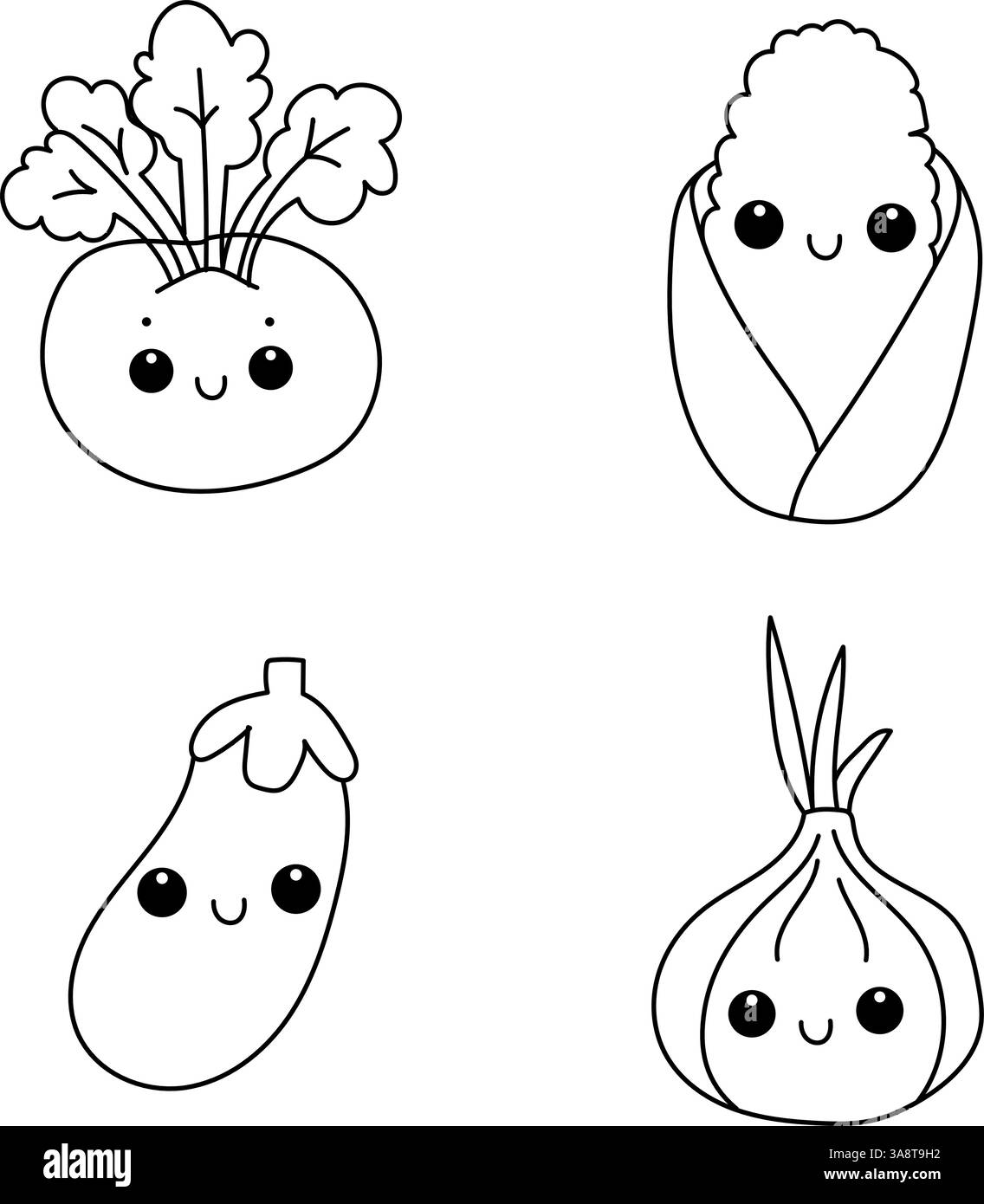 Set di verdure carine. Pomodoro, mais, melanzane, cipolla Illustrazione Vettoriale