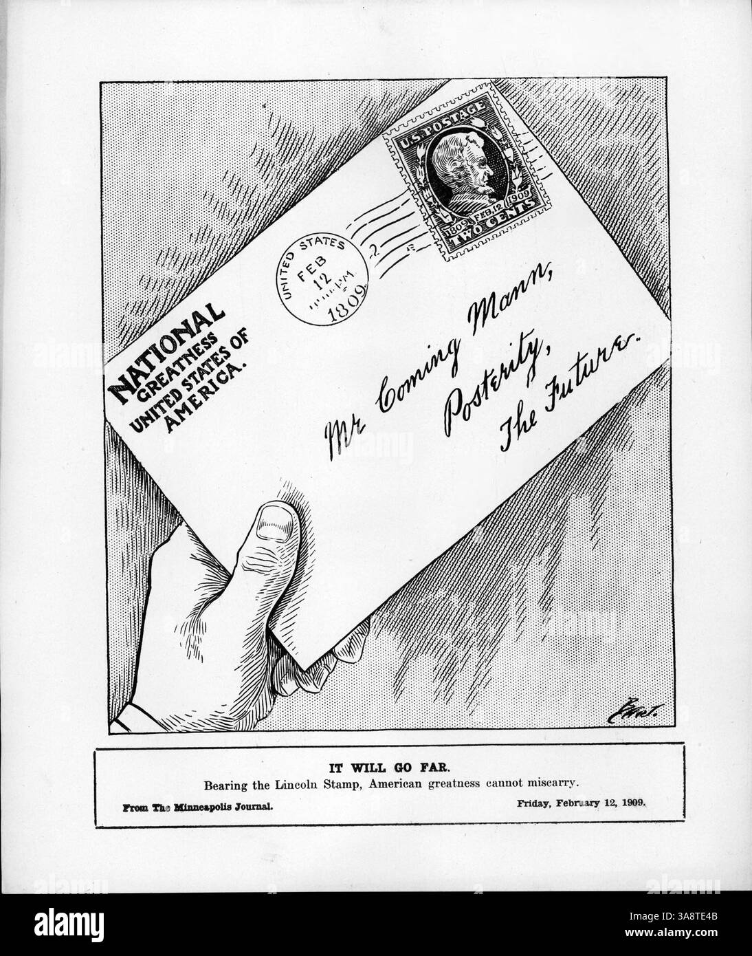 Questo messaggio politico presenta il volto di Abraham Lincoln su un francobollo commemorativo da due centesimi, evidenziando il significato della sua eredità su quello che sarebbe stato il suo 100esimo compleanno. Foto Stock