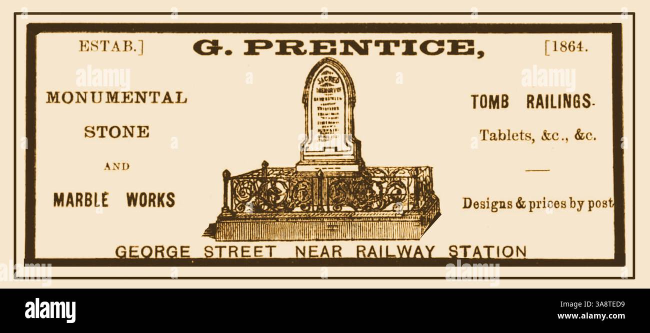 Un annuncio del 1884 per G Prentice Monumental Stone and Marble Works, George Street, Brisbane, Queensland, Australia. Nel 1864, George Prentice & Son gestirono un cantiere in pietra a Charlotte Street, Brisbane. In seguito operò da varie altre località, probabilmente essendo stato costretto a muoversi a causa delle inondazioni del 1864, diventando in seguito un consigliere nel Consiglio municipale di Sandgate. George e la sua nipote, Jessie Blanche Prentice, partirono per un viaggio per visitare l'Inghilterra sulla S.S. Quetta, ma entrambi annegarono quando la nave colpì le rocce nello stretto di Torres il 28 febbraio 1890 Foto Stock