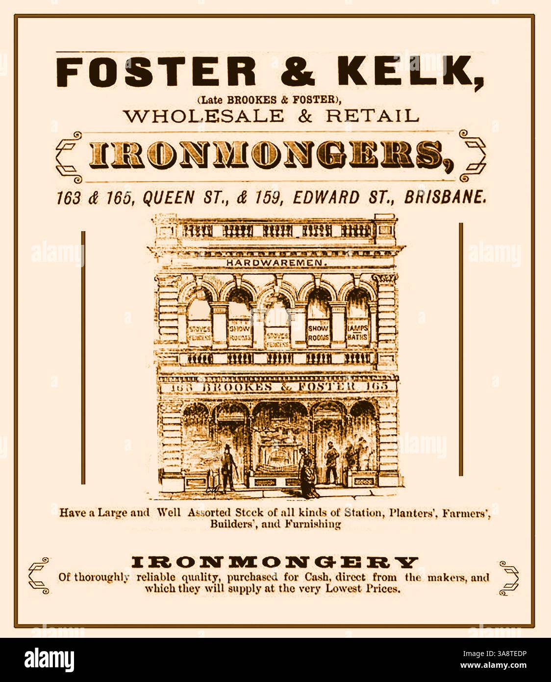 Un annuncio pubblicitario per Foster e Kelk, (precedentemente Brookes e Foster - vedi l'insegna sulla facciata del negozio) ferramenta all'ingrosso e al dettaglio di Queen Street e Edward Street Brisbane, Queensland, Australia nel 1884 con un'incisione dei locali del negozio. Si dice che l'azienda abbia precedentemente emesso il proprio gettone di penny di rame quando l'azienda era conosciuta come W & B Brookes negli anni '1860 Foto Stock