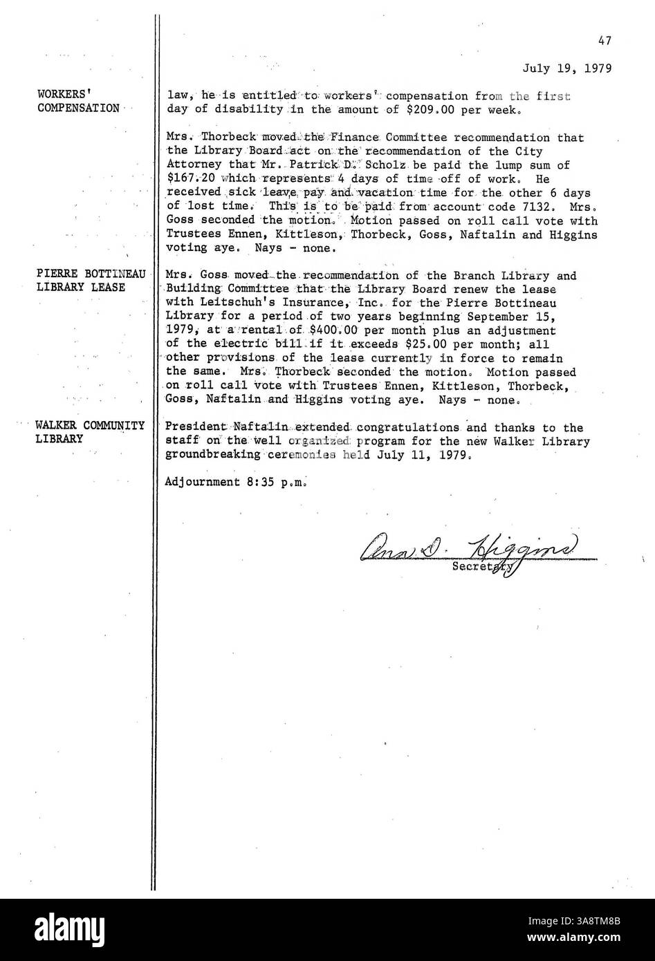 I verbali della riunione del Consiglio di amministrazione della Biblioteca pubblica di Minneapolis del 1979 forniscono un resoconto dettagliato delle decisioni prese in merito alle operazioni, alle finanze e alla fornitura di servizi al pubblico. Foto Stock