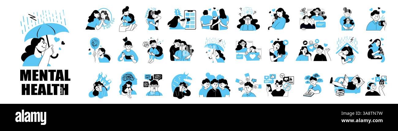 Insieme illustrativo di concetto di salute mentale e psicologia. Foto Stock