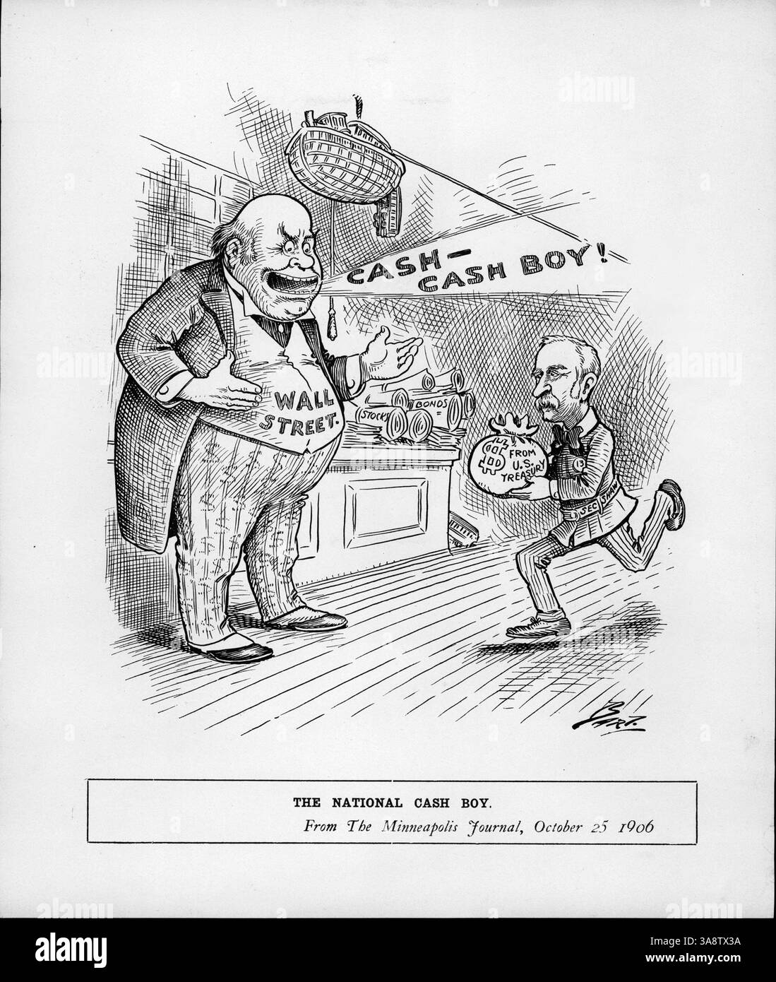 L'immagine raffigura una scena in cui un uomo, etichettato "Segretario Shaw", si precipita con una borsa di denaro etichettata "dal Tesoro degli Stati Uniti" per consegnarla a Wall Street in risposta alla crisi finanziaria. Il Tesoro degli Stati Uniti aveva prestato denaro a Wall Street per stabilizzare il mercato azionario durante un periodo di recessione economica. Foto Stock