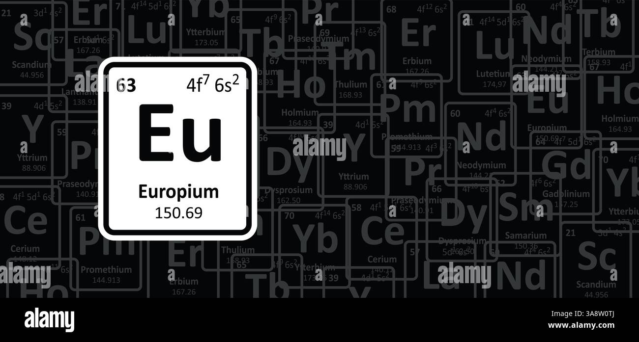 Europio, simbolo UE, numero atomico 63. È un elemento chimico, lantanide bianco-argenteo. Elementi terrestri rari o metalli di terre rare o terre rare. Punto Foto Stock