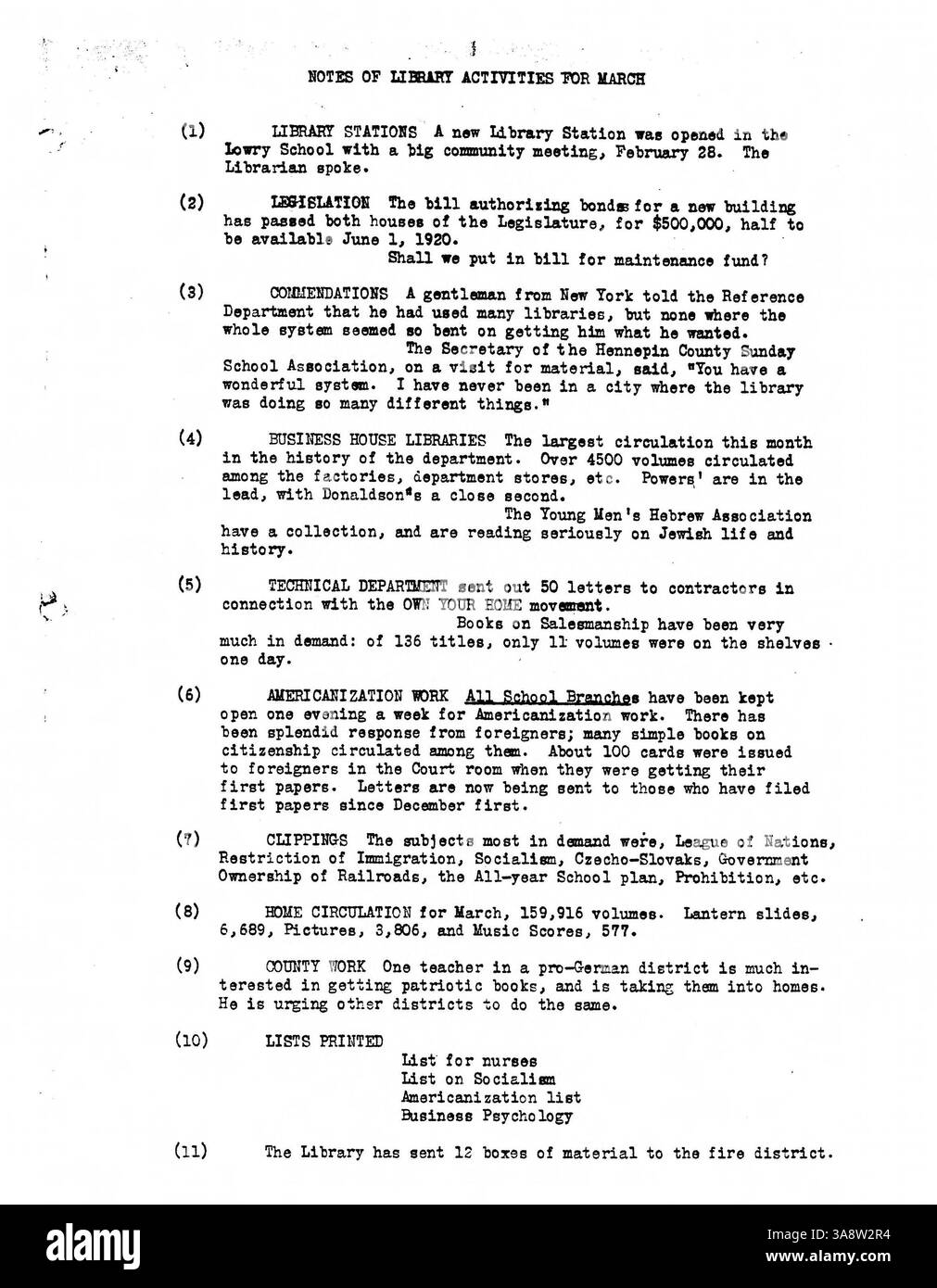 Questa serie di verbali di riunione del Consiglio di amministrazione della biblioteca pubblica di Minneapolis nel 1919 riflette le questioni operative, le decisioni finanziarie e le iniziative per migliorare i servizi di biblioteca pubblica nella zona. Foto Stock