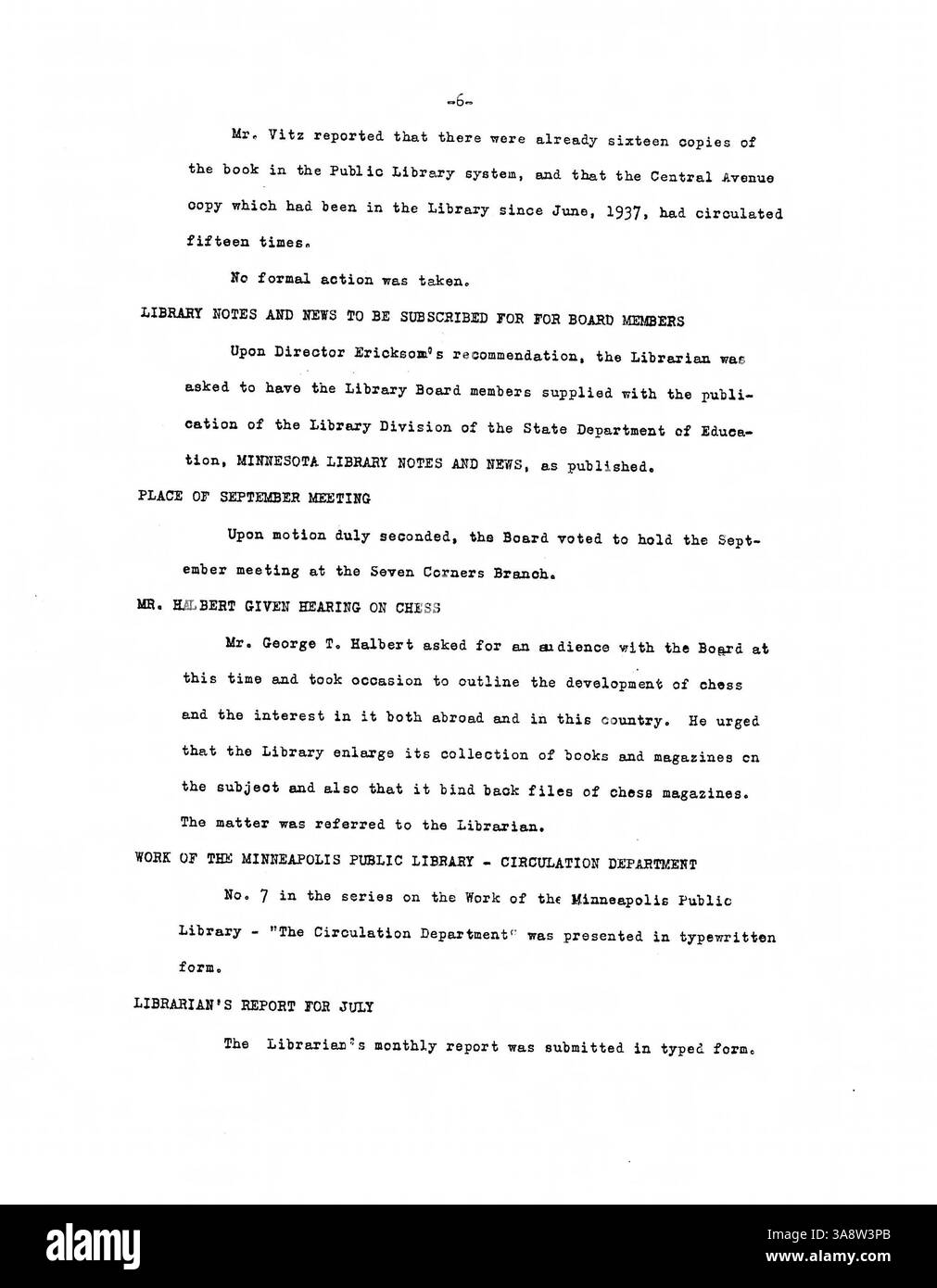 Questo archivio dei 1938 verbali delle riunioni del Consiglio di amministrazione della Biblioteca pubblica di Minneapolis fornisce informazioni sulle decisioni relative alla gestione delle biblioteche, ai programmi pubblici e agli sforzi di sensibilizzazione per la comunità locale. Riflette l'impegno a espandere i servizi e le risorse delle biblioteche. Foto Stock
