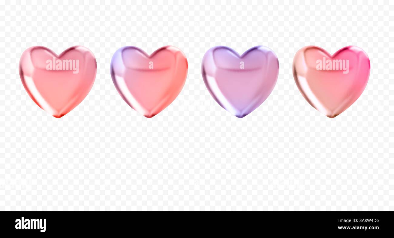 Set di cuori olografici in vetro vettoriale 3D. Illustrazione Vettoriale
