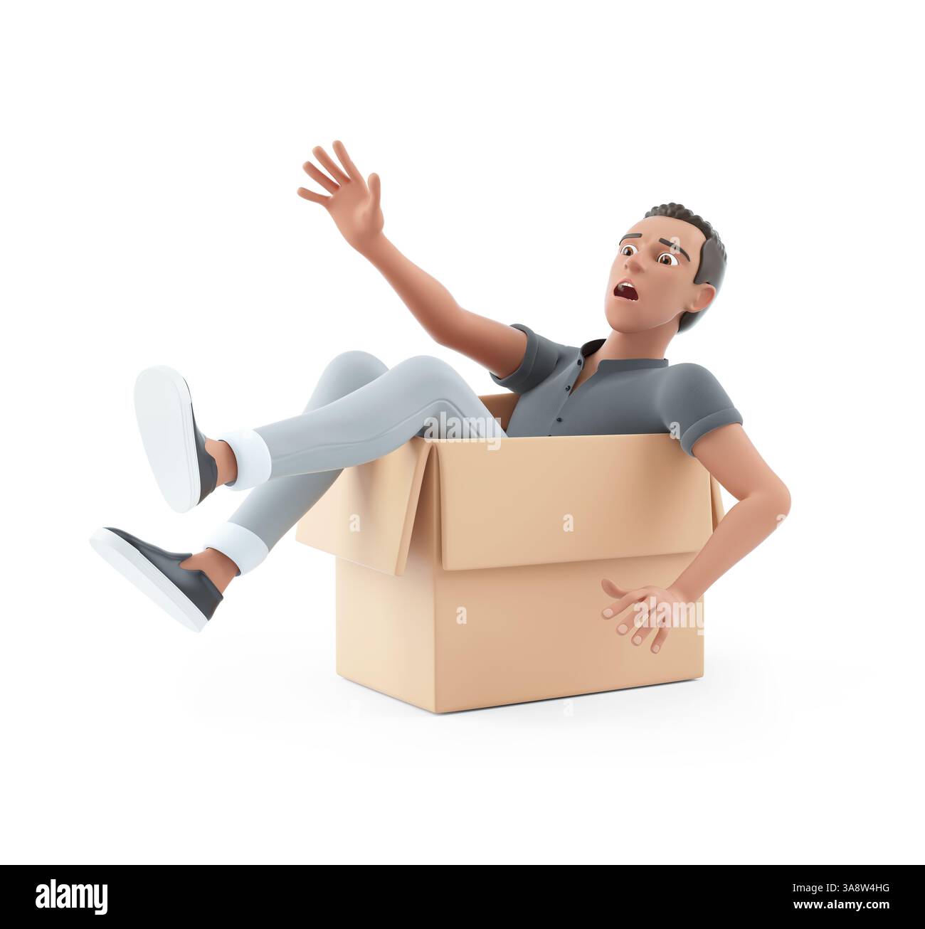 personaggio 3d caduto in una scatola di cartone, illustrazione isolata su sfondo bianco Foto Stock