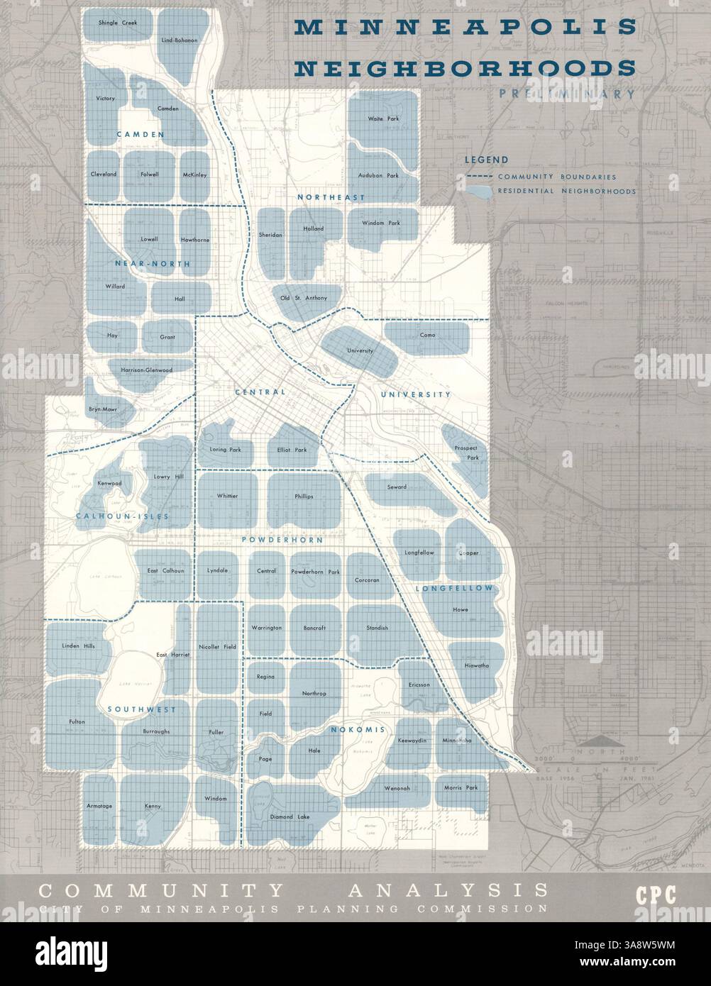 Questa mappa del 1961 delinea i confini della comunità di Minneapolis e identifica i suoi quartieri residenziali, fornendo una panoramica dettagliata del layout della zona durante quel periodo. Foto Stock