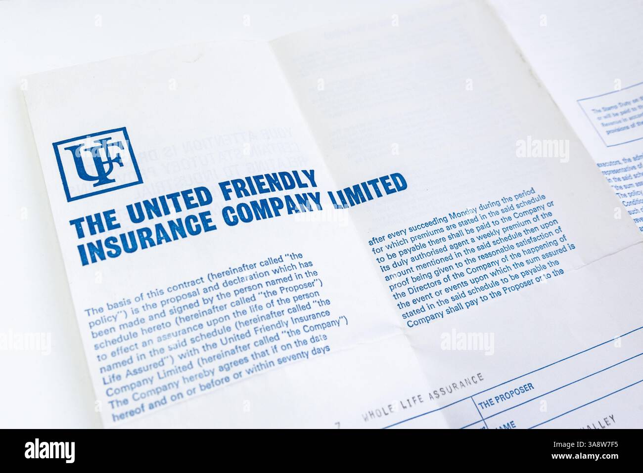 Il documento della United Friendly Insurance Company, i documenti. Assicurazione vita e dotazione Foto Stock