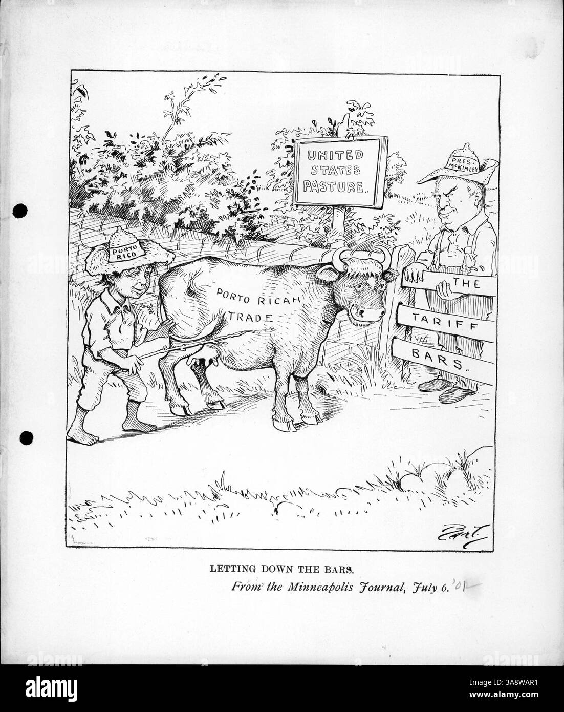 Il Presidente McKinley si trova al cancello delle barrette tariffarie, pronto a permettere al toro di Porto Rico, il "commercio", di entrare nel pascolo degli Stati Uniti. Ciò riflette la dichiarazione della Corte suprema secondo cui Porto Rico non era considerato un paese straniero a fini fiscali. Foto Stock
