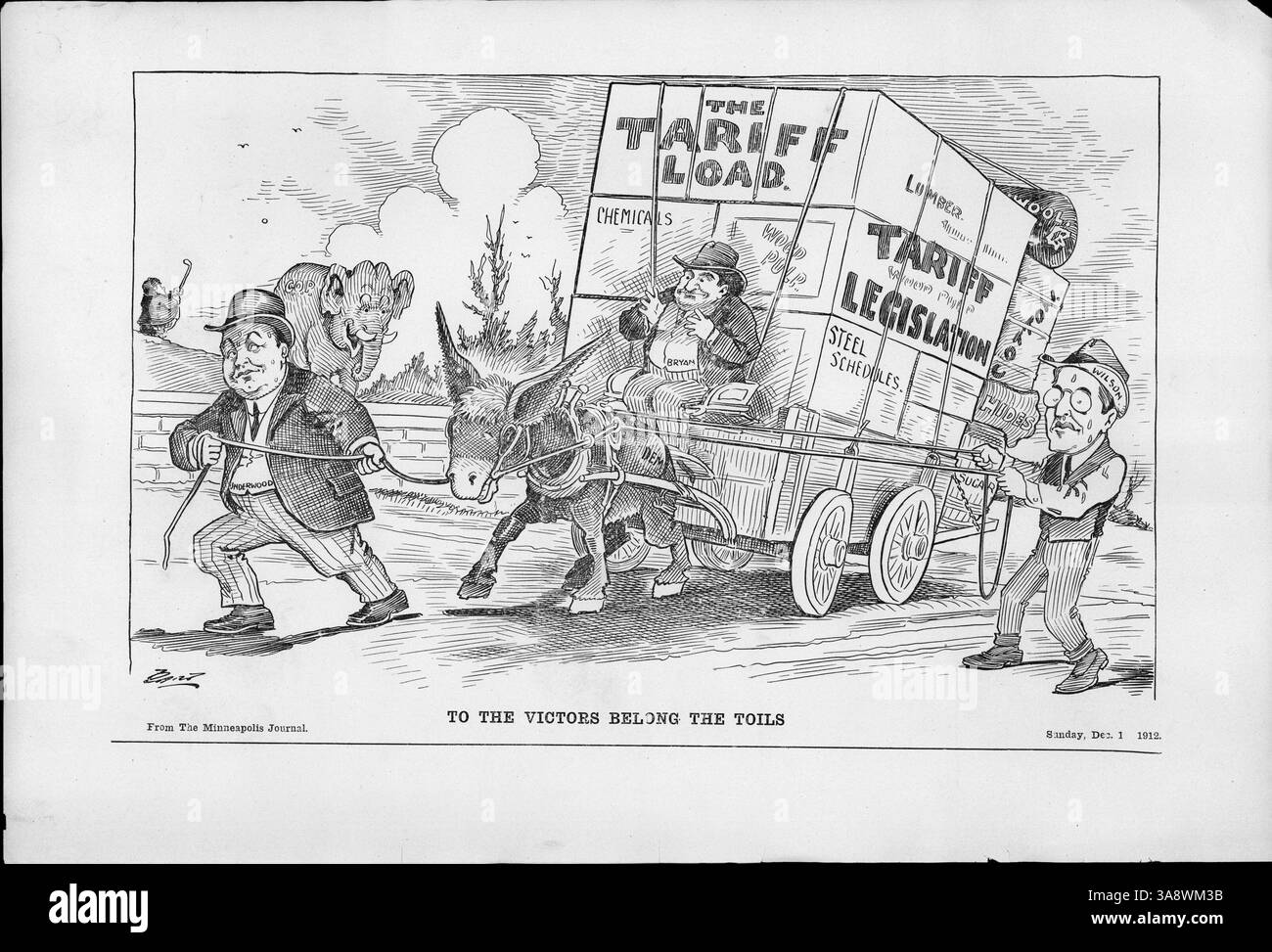 Questo cartone animato raffigura l'asino democratico che lotta con un carrello sovraccarico etichettato "The Tariff Load", con William Jennings Bryan al posto di guida e Woodrow Wilson che tenta di guidare. Riflette il dilemma dei democratici in materia di tariffe, in quanto hanno deciso di lasciare che Wilson prendesse decisioni in materia. Foto Stock