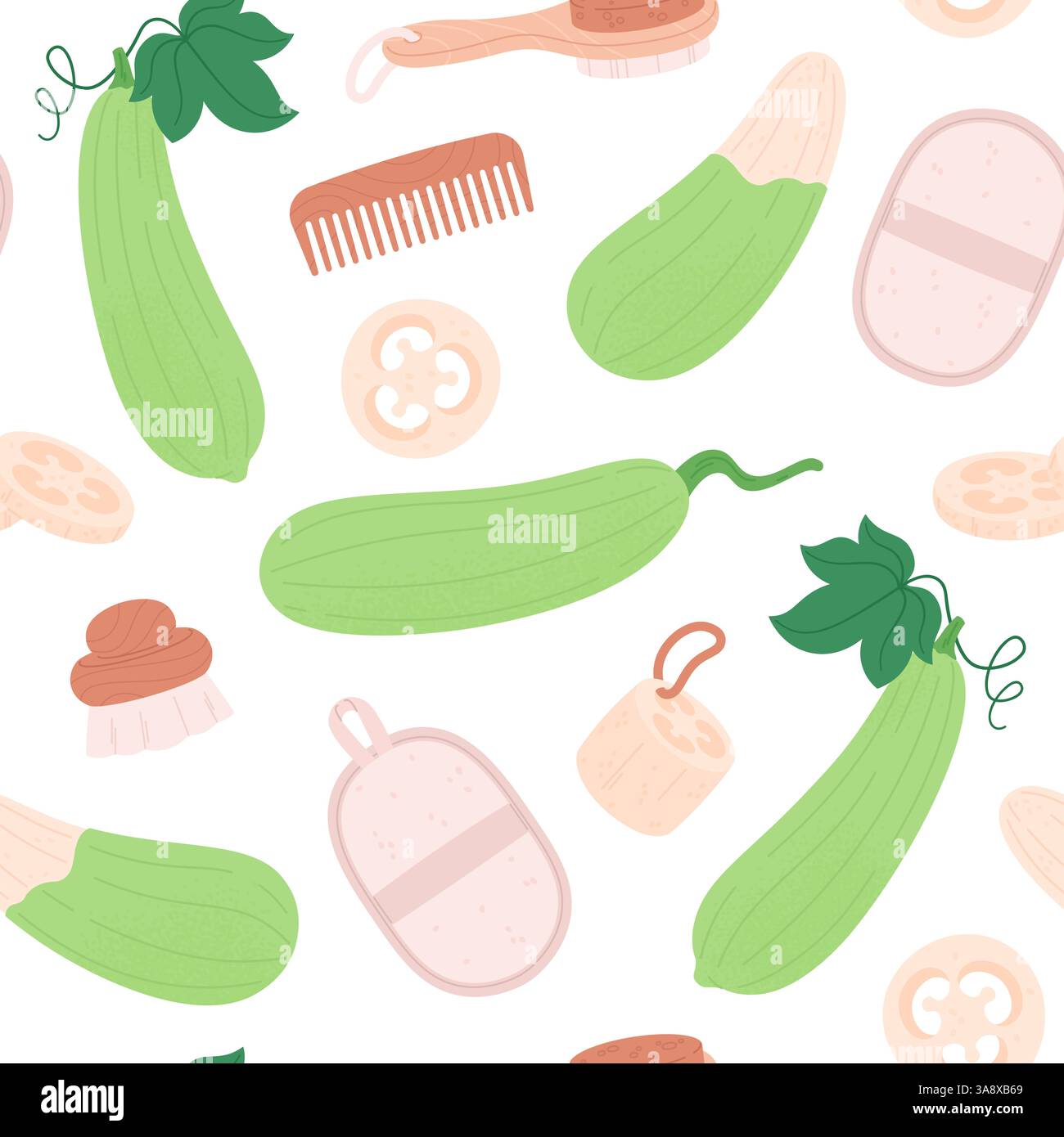 Loofah senza cuciture. Accessori per il bagno per la cura della pelle, spugna pettine naturale biologica e spazzola. Stampa ecocompatibile per carta da parati in tessuto e vettore Illustrazione Vettoriale
