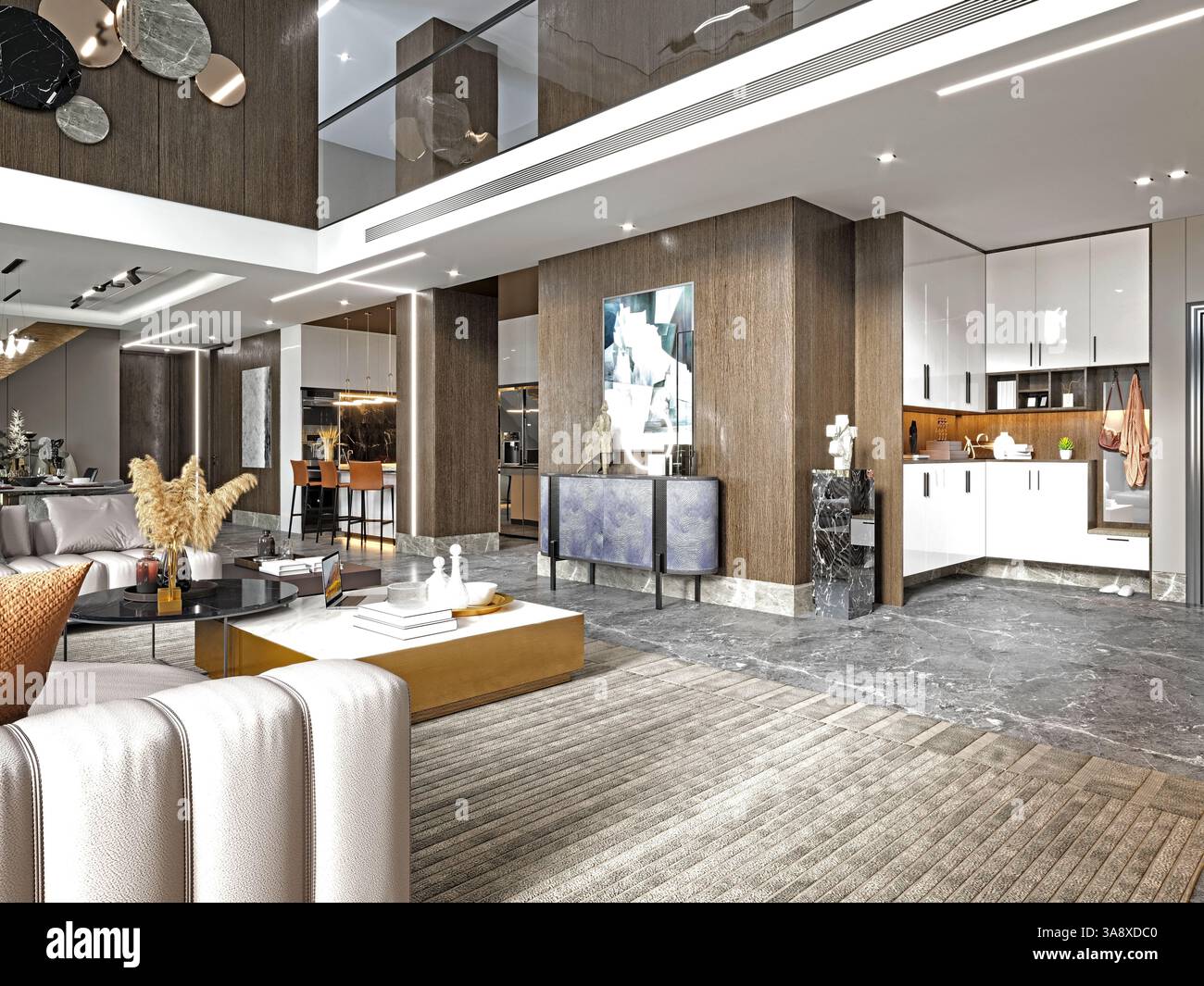 rendering in 3d di un soggiorno di lusso per la casa Foto Stock