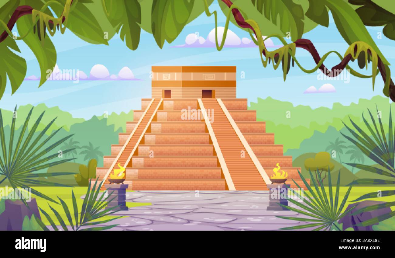 Piramide Maya. Rovine di templi aztechi nella giungla, chichen itza messico, monumento del mondo antico, destinazione della civiltà maya messico perù, piramidi di pietra, cartoni animati illustrazioni vettoriali originali Illustrazione Vettoriale