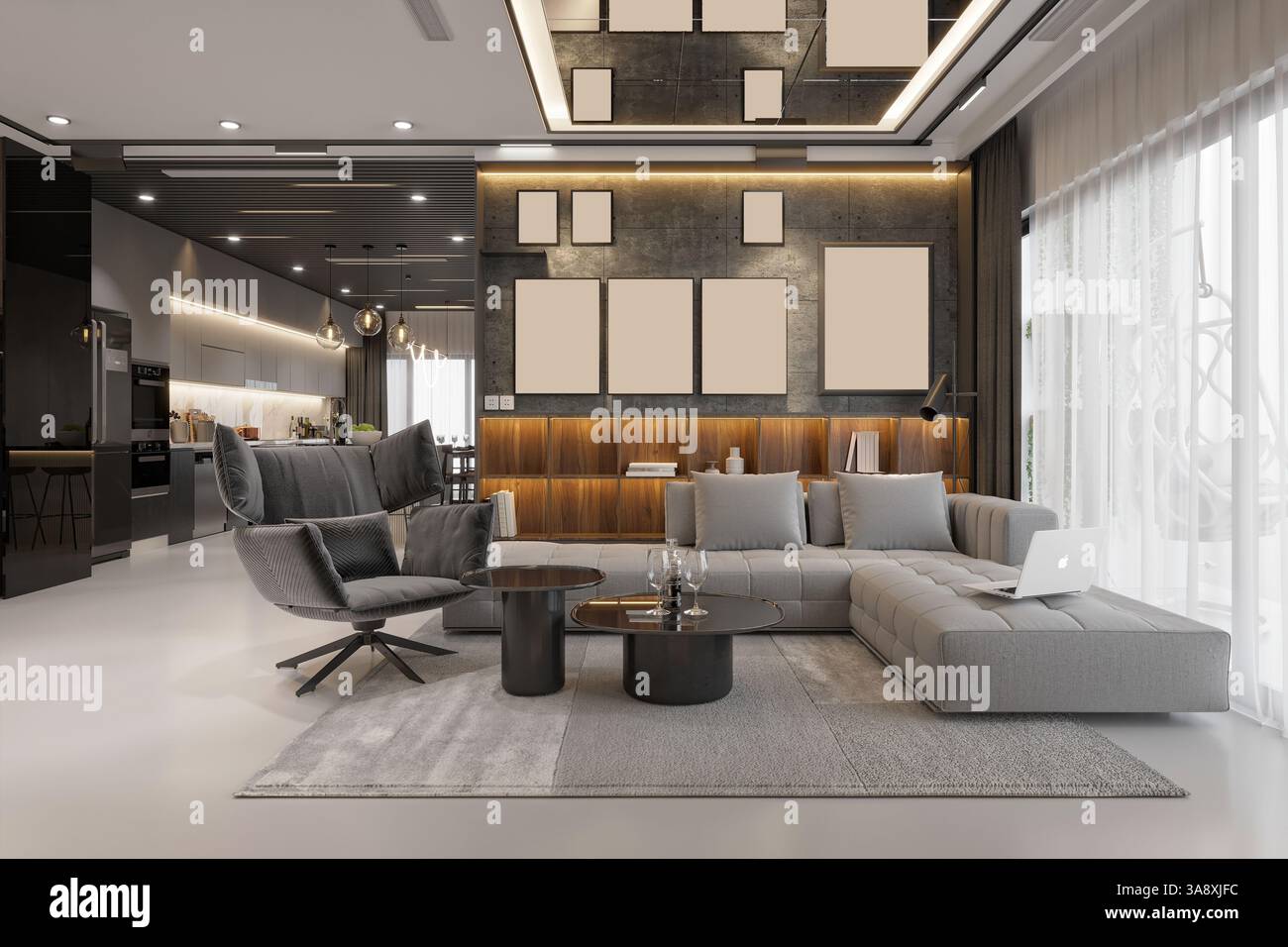 rendering in 3d di un soggiorno di lusso per la casa Foto Stock