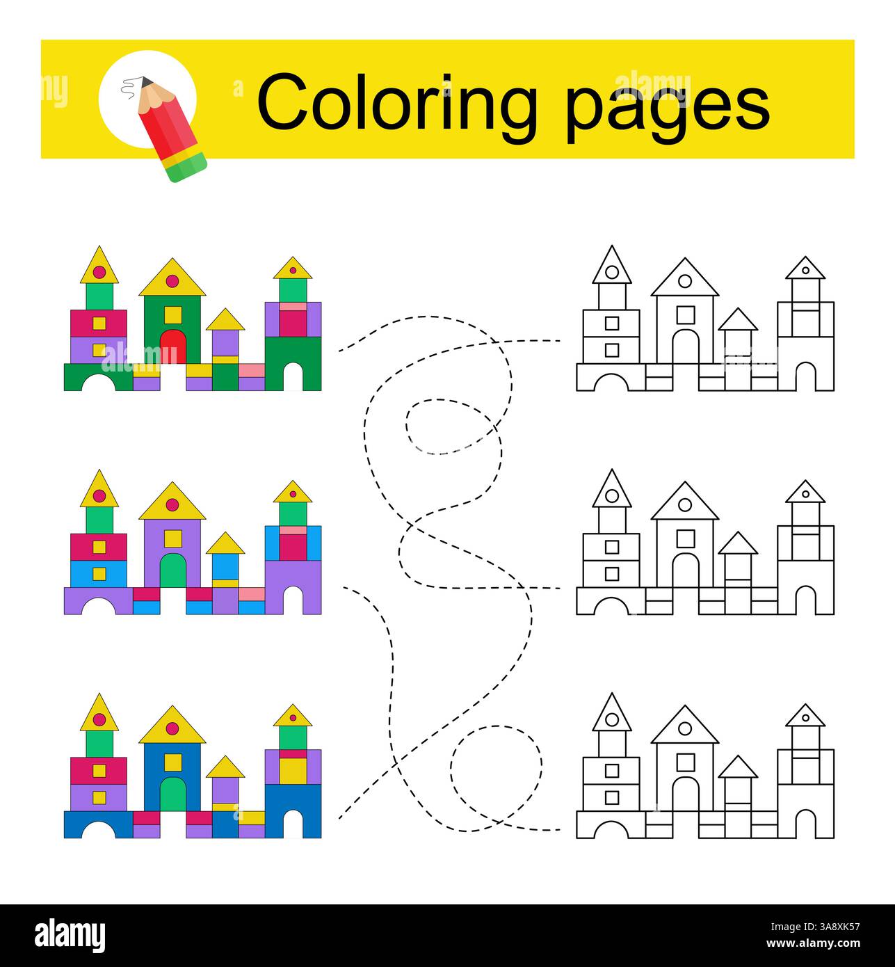 Gioco educativo per bambini. Attraversa il labirinto e colora un castello di cartoni animati secondo il modello. Illustrazione vettoriale. Illustrazione Vettoriale