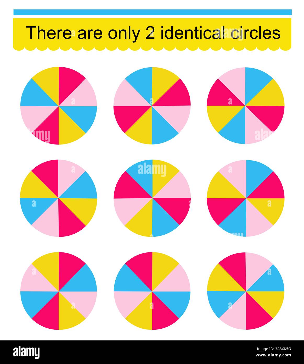 Gioco educativo per bambini. Dobbiamo trovare due cerchi identici. Illustrazione vettoriale. Design piatto. Illustrazione Vettoriale