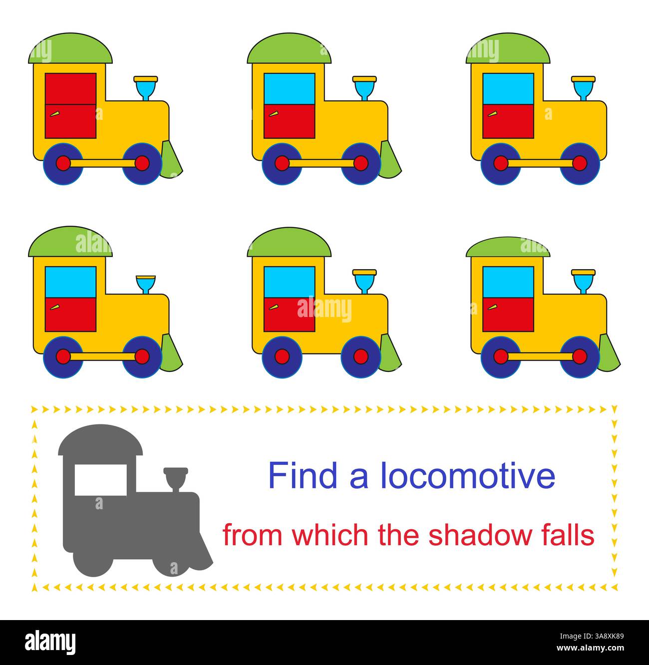 Gioco educativo per bambini. Attività di attenzione. Trova una locomotiva da cui cade l'ombra. Illustrazione vettoriale. Design piatto. Illustrazione Vettoriale