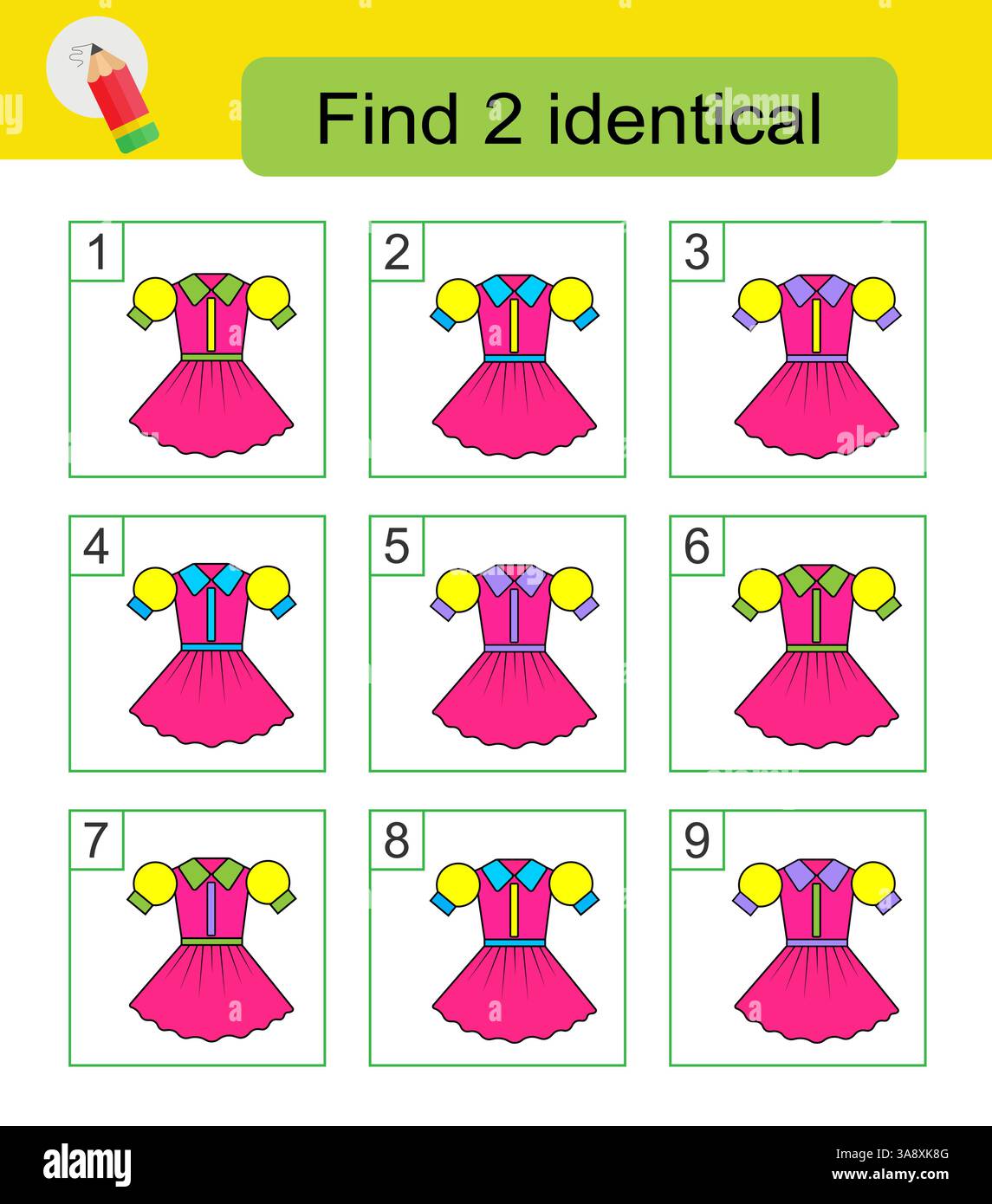 Divertente puzzle game. Devo trovare due abiti identici. La risposta è 2,8. Illustrazione vettoriale. Illustrazione Vettoriale