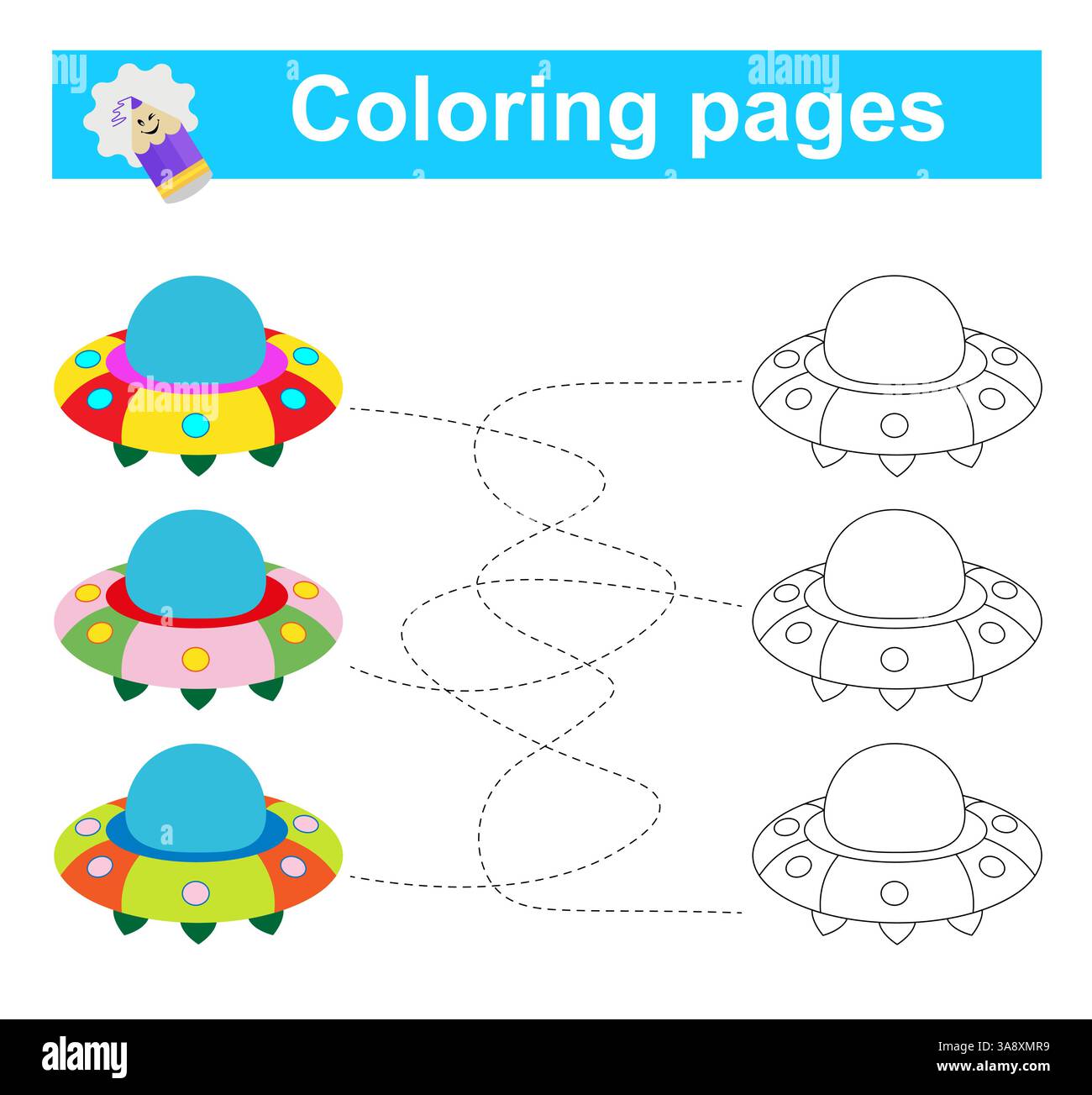 Gioco educativo per bambini. Attraversa il labirinto e colora il piattino volante secondo lo schema. Illustrazione vettoriale. Illustrazione Vettoriale