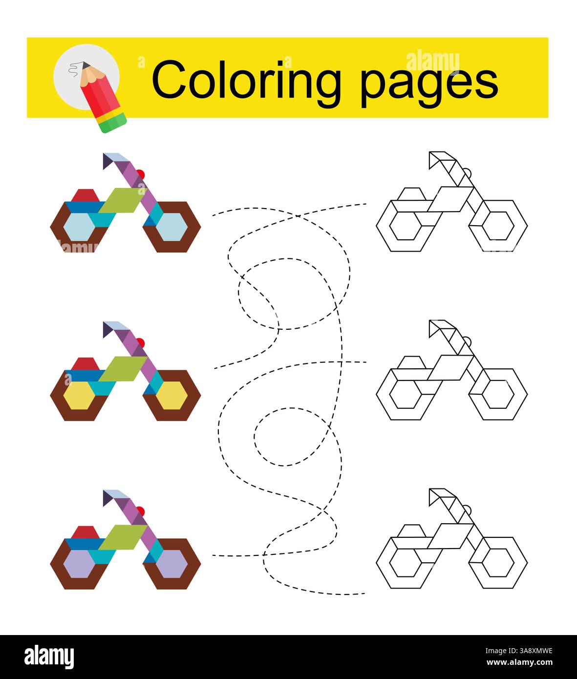 Gioco educativo per bambini. Attraversa il labirinto e colora una bicicletta a cartoni animati in base al modello. Illustrazione vettoriale. Illustrazione Vettoriale