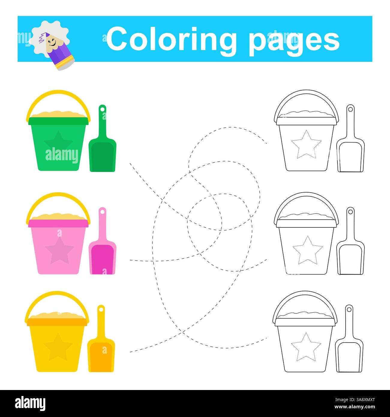 Gioco educativo per bambini. Attraversa il labirinto e colora il secchio in base al motivo. Illustrazione vettoriale. Illustrazione Vettoriale