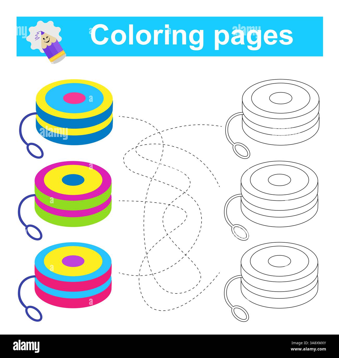 Gioco educativo per bambini. Attraversa il labirinto e colora lo yo yo-yo in base al motivo. Illustrazione vettoriale. Illustrazione Vettoriale