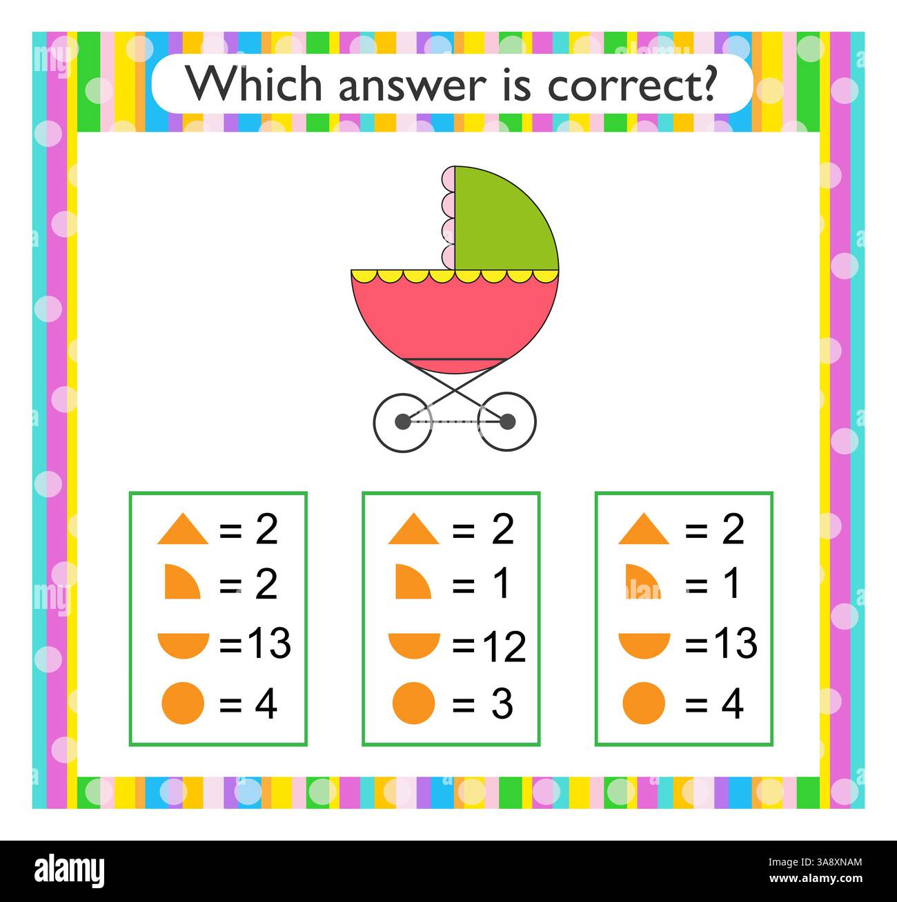 Attività matematica per bambini. Trovare la risposta corretta. Carrozza per bambini cartoni animati. Illustrazione vettoriale. Illustrazione Vettoriale